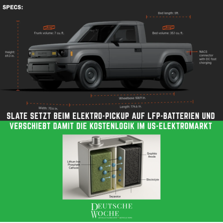 Slate setzt beim Elektro-Pickup auf LFP-Batterien und verschiebt damit die Kostenlogik im US-Elektromarkt Slate setzt beim Elektro-Pickup auf LFP-Batterien und verschiebt damit die Kostenlogik im US-Elektromarkt