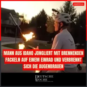 Mann aus Idaho jongliert mit brennenden Fackeln auf einem Einrad und verbrennt sich die Augenbrauen